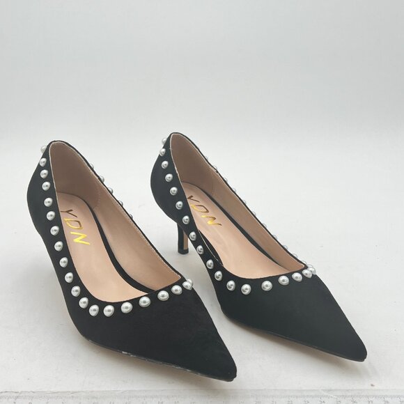 YDN Black Suede Pearl Kitten Heel Pumps Pointed Toe Dress Shoes for Office Lady - Picture 4 of 8